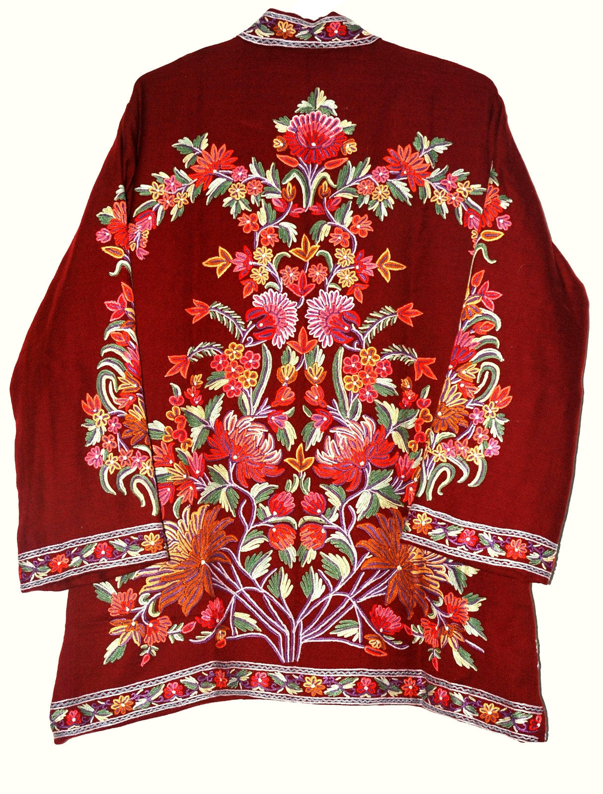 Embroidered Woolen Jacket Maroon, Multicolor Embroidery #AO-016