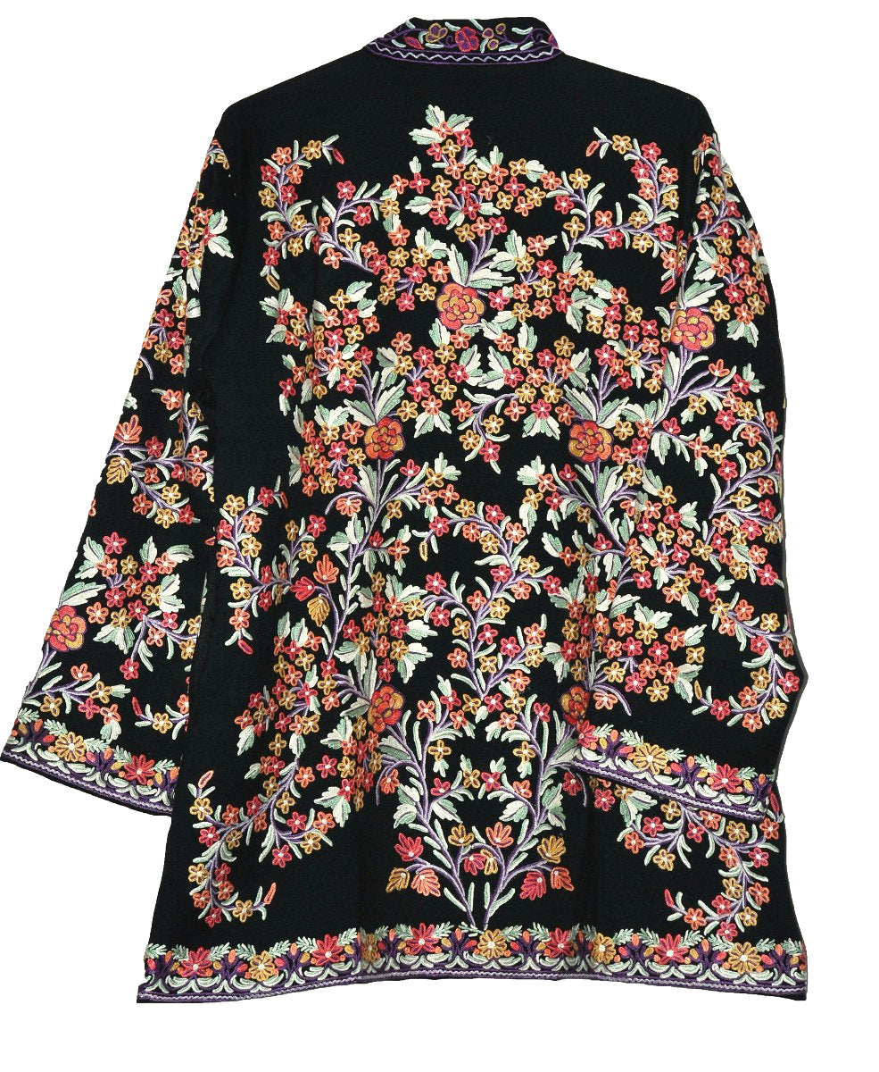 Embroidered Woolen Short Jacket Black, Multicolor Embroidery #AO-017