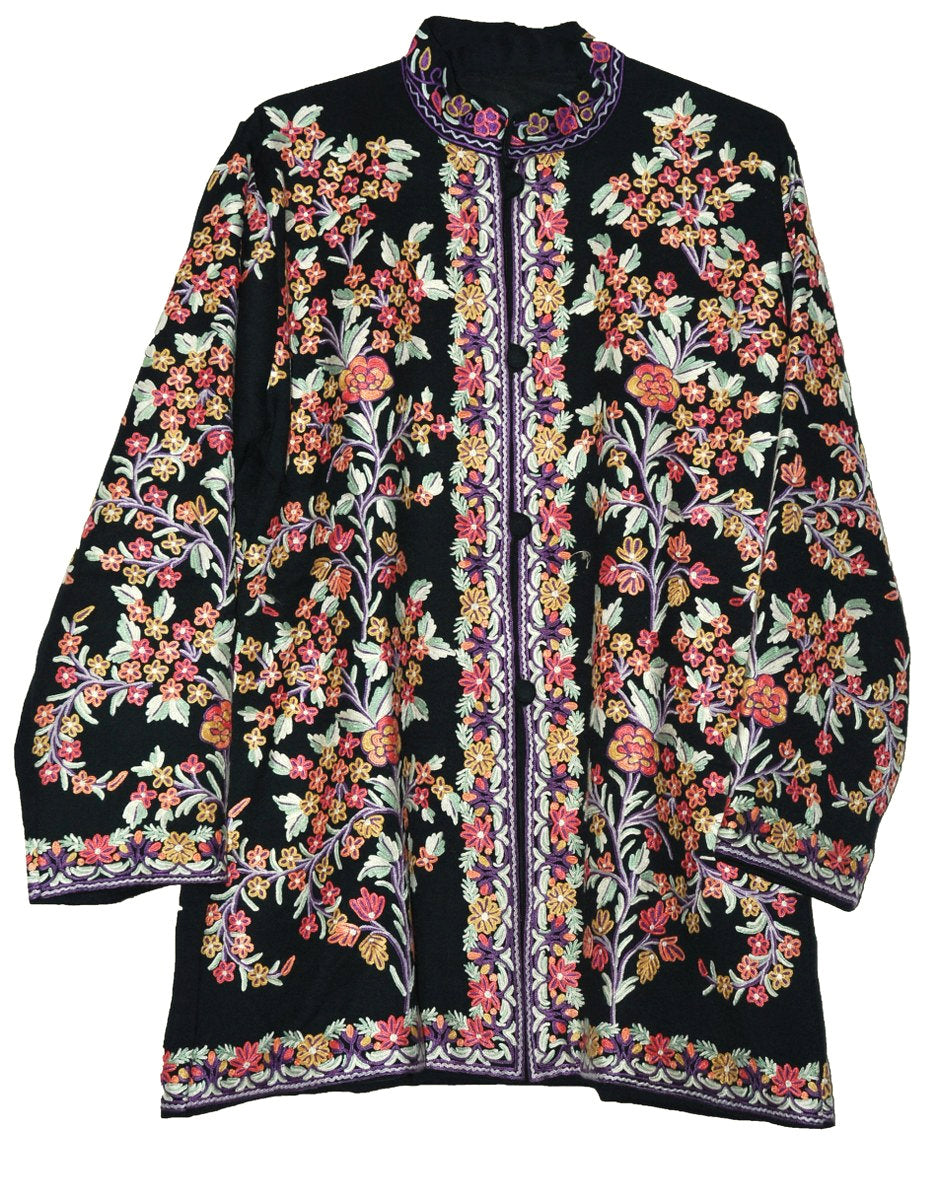 Embroidered Woolen Short Jacket Black, Multicolor Embroidery #AO-017