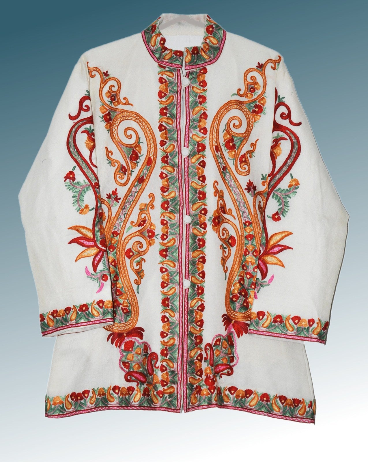 Embroidered Woolen Jacket White, Multicolor Embroidery #AO-0191