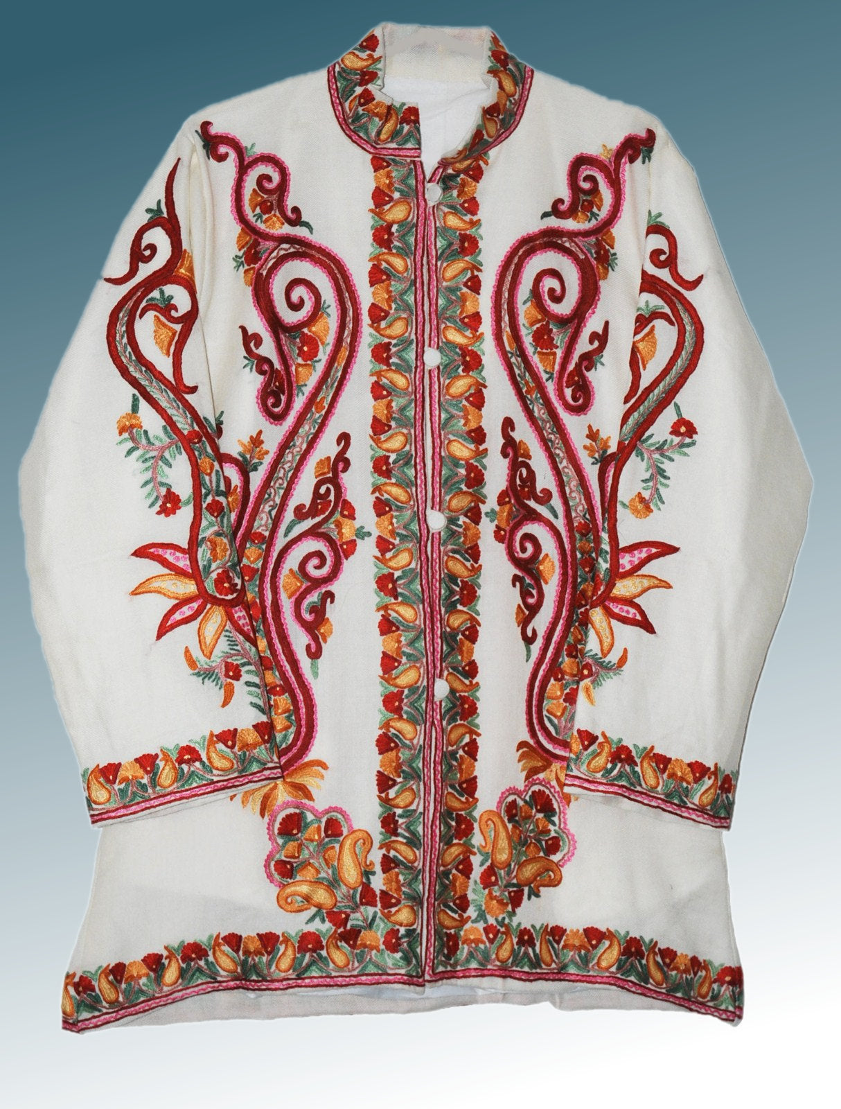 Embroidered Woolen Jacket White, Multicolor Embroidery #AO-0192