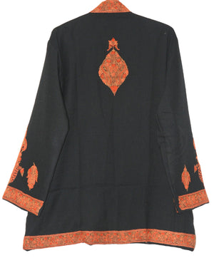 Embroidered Woolen Jacket Black, Rust and Green Embroidery #AO-019