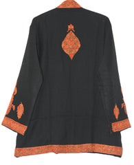 Kashmiri Woolen Jacket Black, Rust and Green Embroidery #AO-019