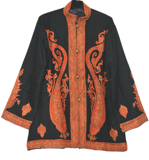 Embroidered Woolen Jacket Black, Rust and Green Embroidery #AO-019