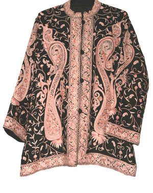 Embroidered Woolen Jacket Black, Beige Embroidery #AO-021