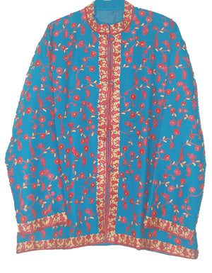 Embroidered Woolen Jacket Sky Blue, Multicolor Embroidery #AO-022