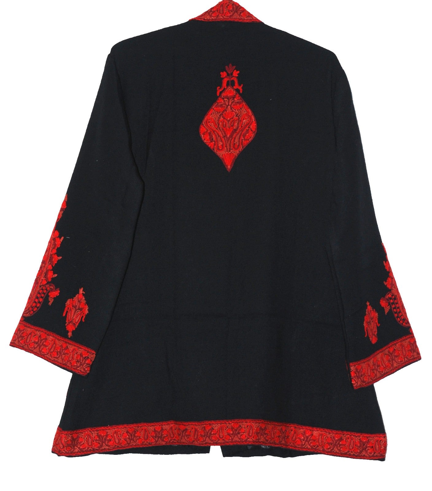 Embroidered Woolen Jacket Black, Red Embroidery #AO-023