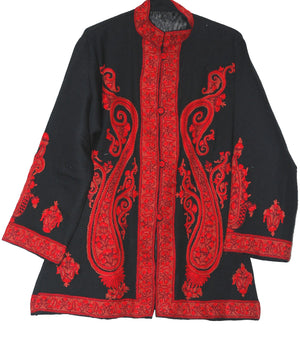 Embroidered Woolen Jacket Black, Red Embroidery #AO-023