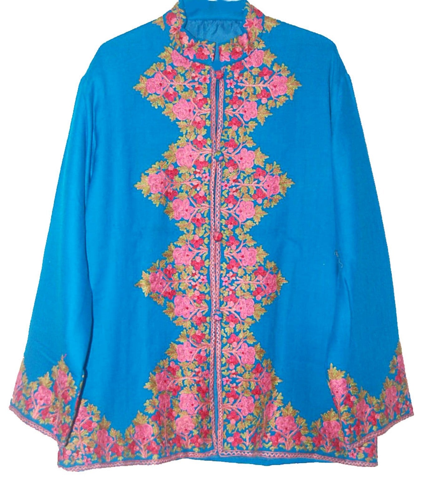 Embroidered Woolen Jacket Sky Blue, Multicolor Embroidery #AO-029