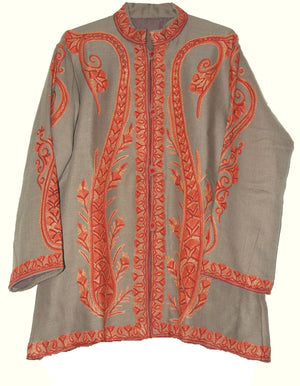 Embroidered Woolen Jacket Beige, Rust Embroidery #AO-030