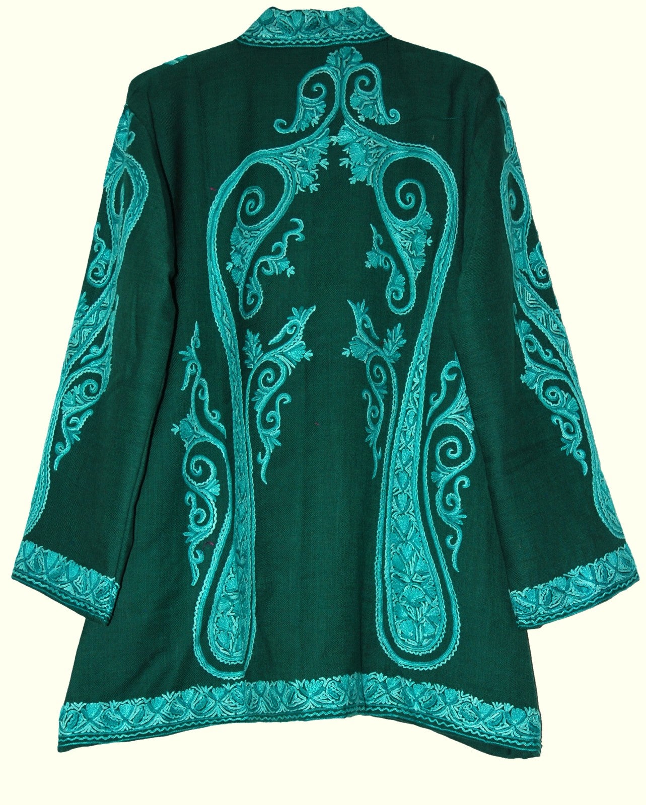 Embroidered Woolen Jacket Green, Tone-Tone Embroidery #AO-031