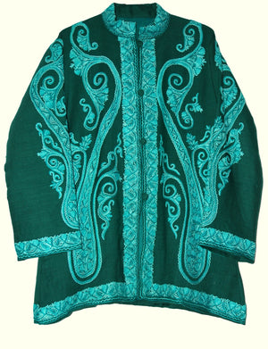 Embroidered Woolen Jacket Green, Tone-Tone Embroidery #AO-031