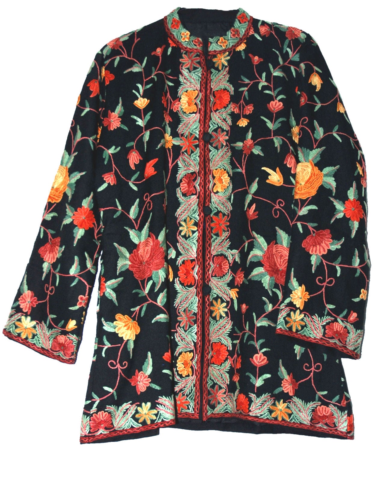 Woolen Short Jacket Black, Multicolor Embroidery #AO-0321