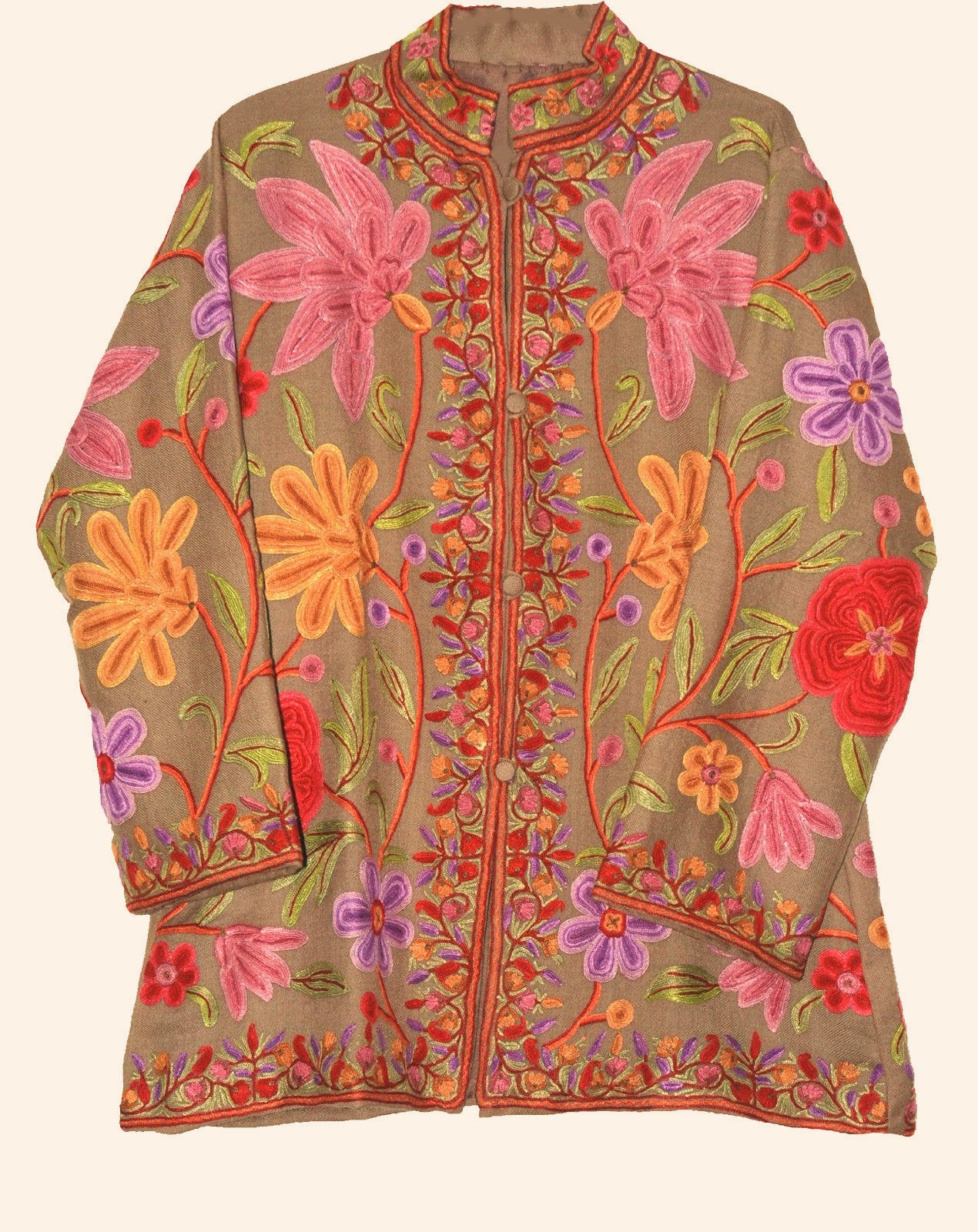 Woolen Short Jacket Beige, Multicolor Embroidery #AO-033