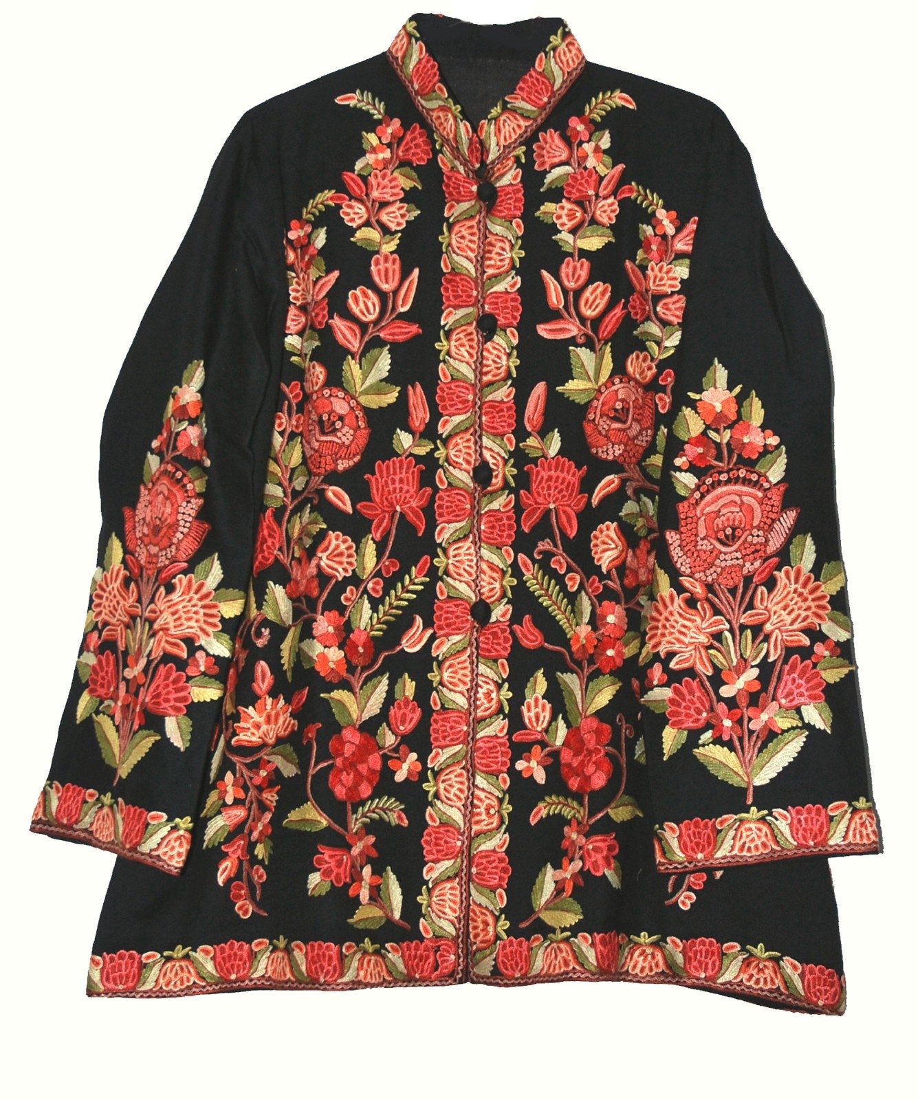 Woolen Short Jacket Black, Rust and Green Embroidery #AO-034