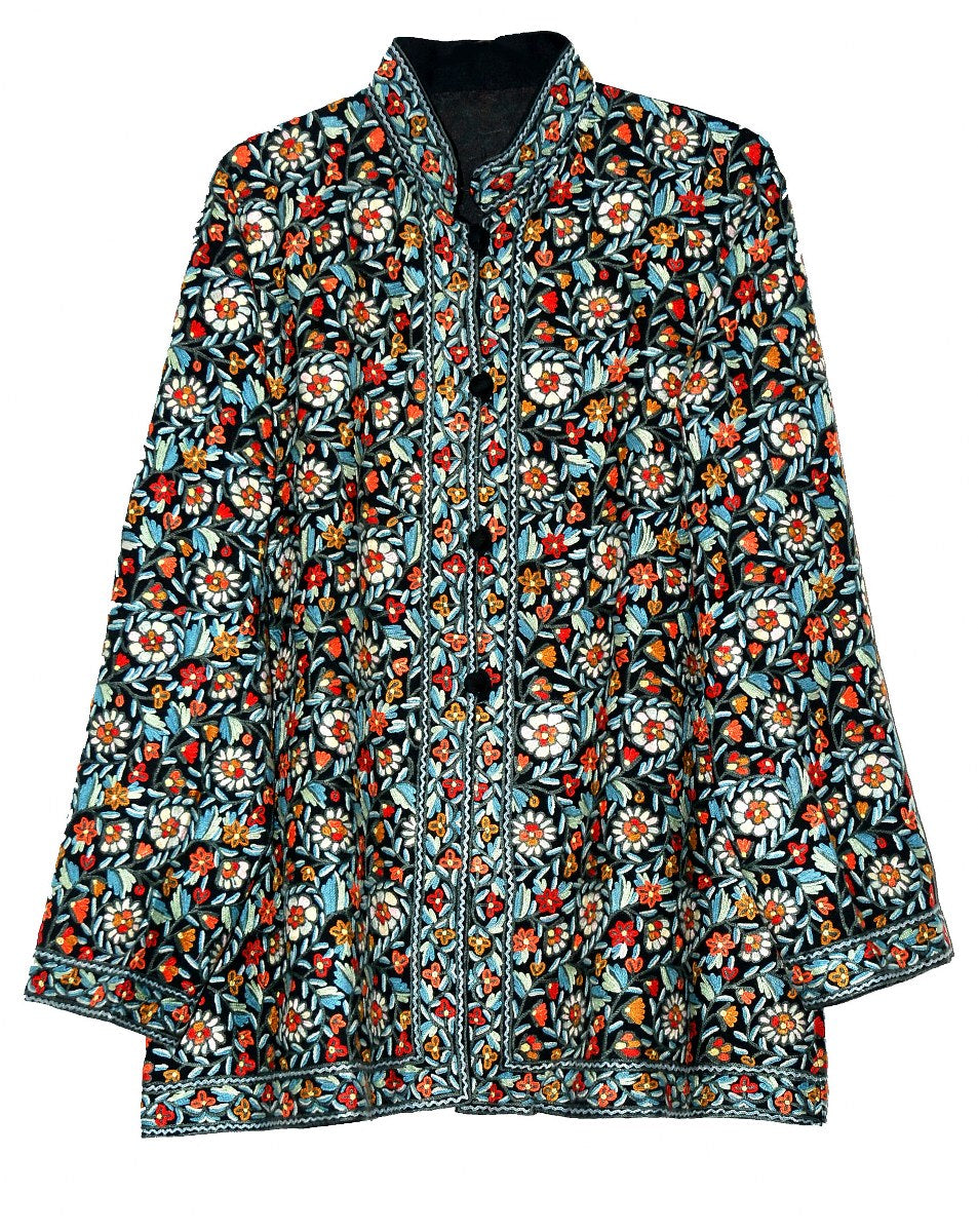 Woolen Short Jacket Black, Multicolor Embroidery #AO-035