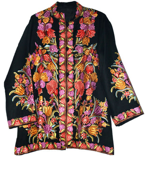 Woolen Short Jacket Black, Multicolor Embroidery #AO-036