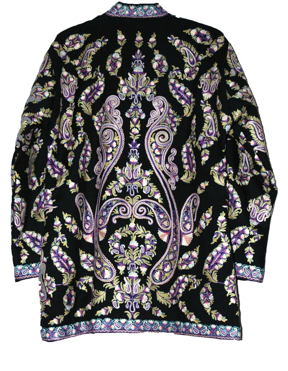 Kashmiri Woolen Jacket Black, Multicolor Embroidery #AO-037