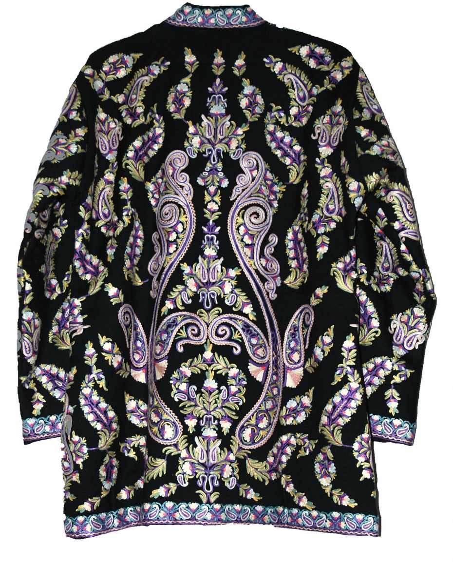 Woolen Short Jacket Black, Multicolor Embroidery #AO-037