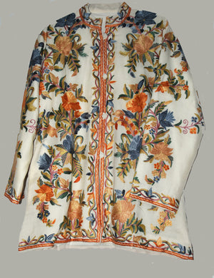 Embroidered Woolen Jacket White, Multicolor Embroidery #AO-051