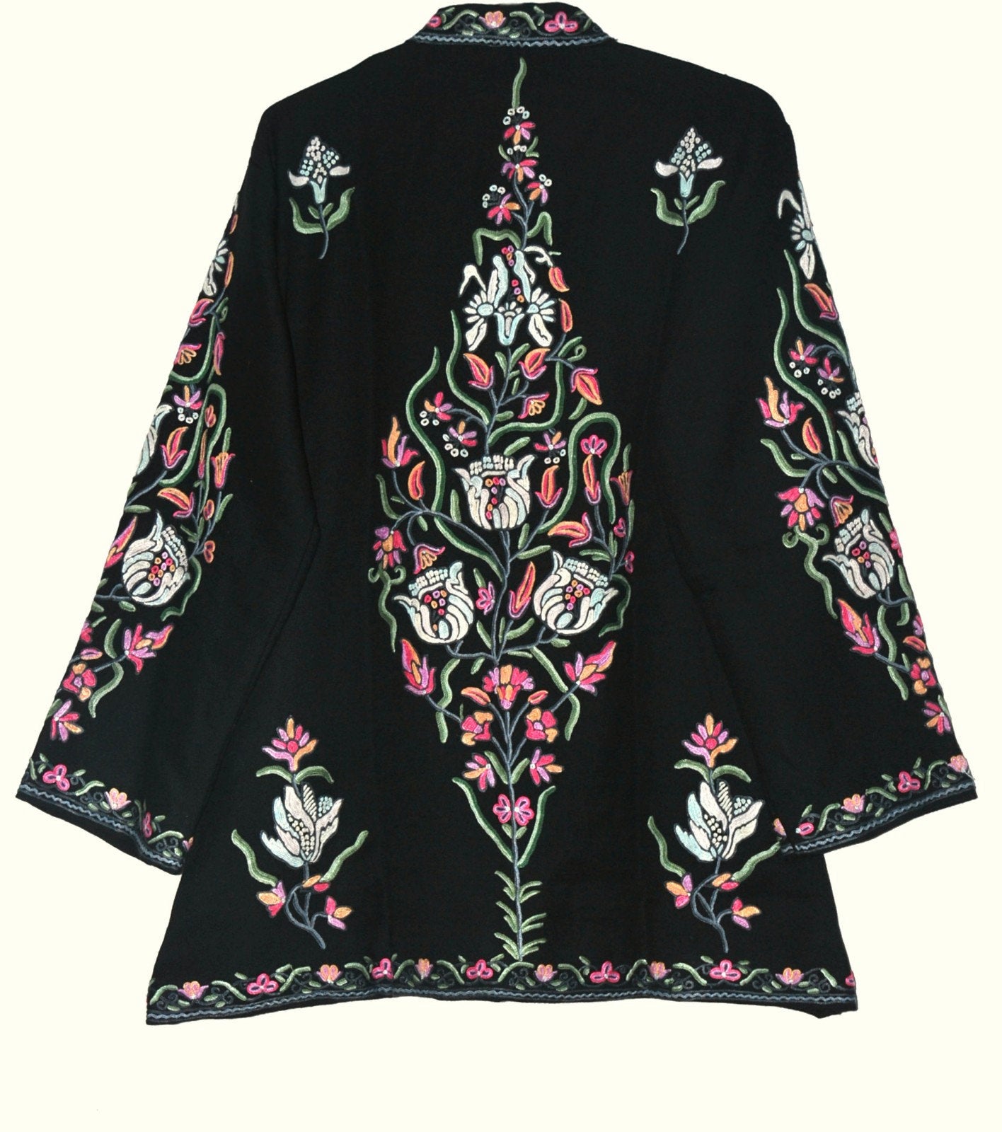 Kashmiri Woolen Jacket Black, Multicolor Embroidery #AO-052
