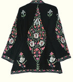 Kashmiri Woolen Jacket Black, Multicolor Embroidery #AO-052