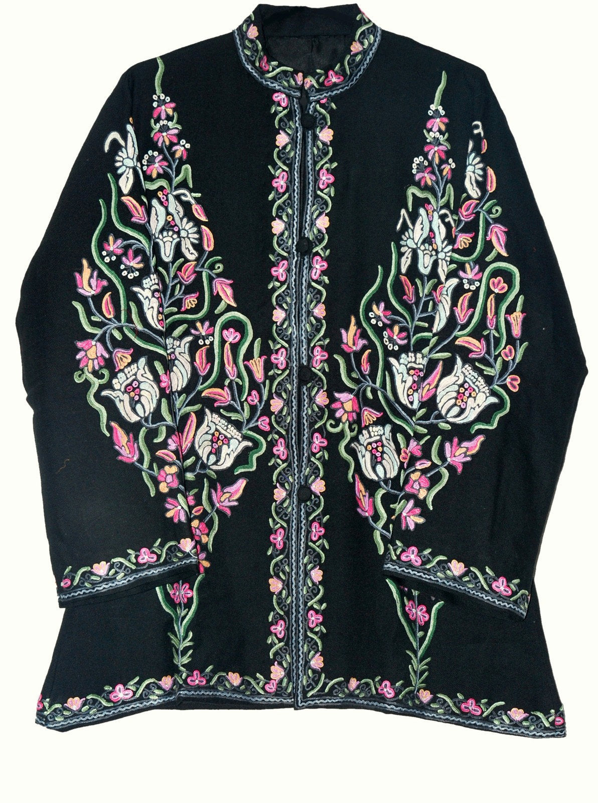Kashmiri Woolen Jacket Black, Multicolor Embroidery #AO-052
