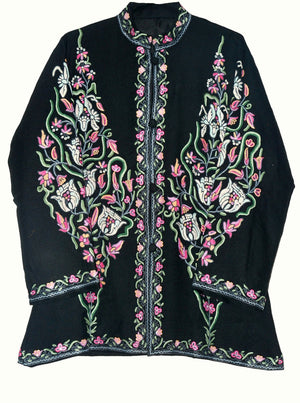 Embroidered Woolen Jacket Black, Multicolor Embroidery #AO-052