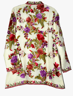 Embroidered Woolen Short Jacket White, Multicolor Embroidery #AO-053