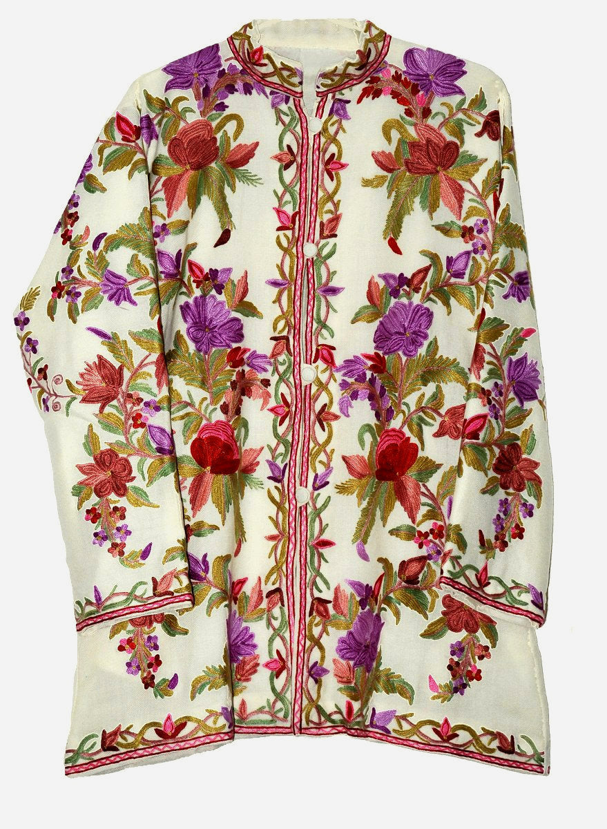 Embroidered Woolen Short Jacket White, Multicolor Embroidery #AO