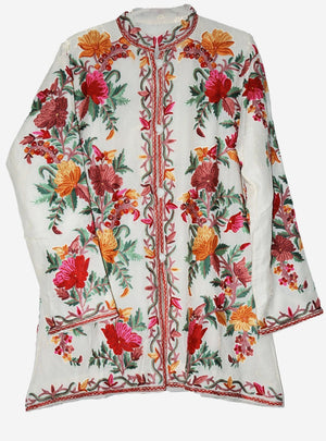Embroidered Woolen Short Jacket White, Multicolor Embroidery #AO-055