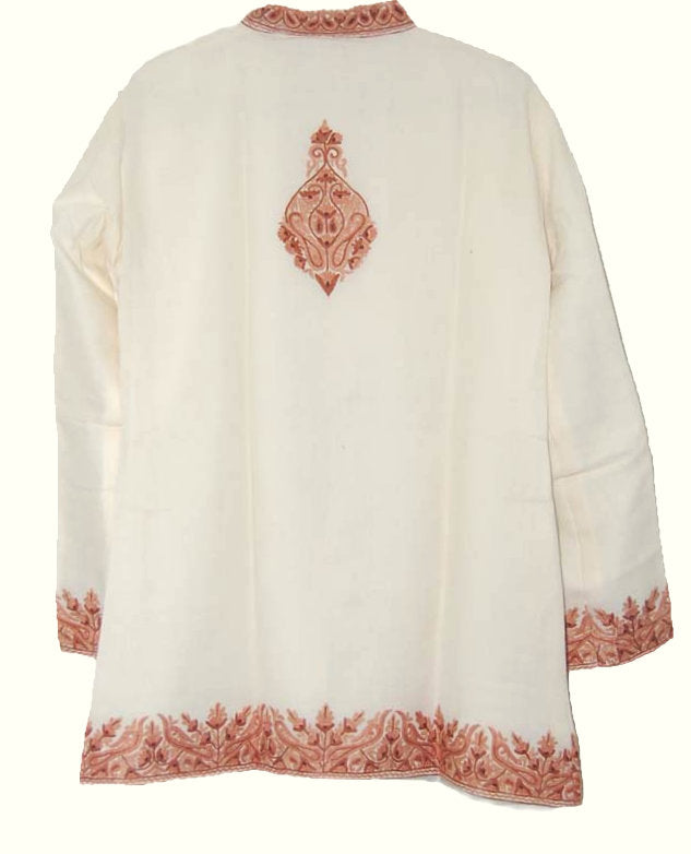 Woolen Short Jacket White, Rust Embroidery #BD-003