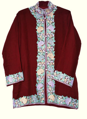 Embroidered Woolen Jacket Maroon, Multicolor Embroidery #BD-005