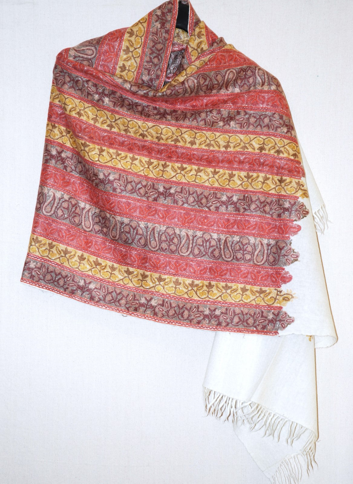 Kashmir Woolen Shawl Wrap Throw Off White, Multicolor "Jamawar" Embroidery #WS-112