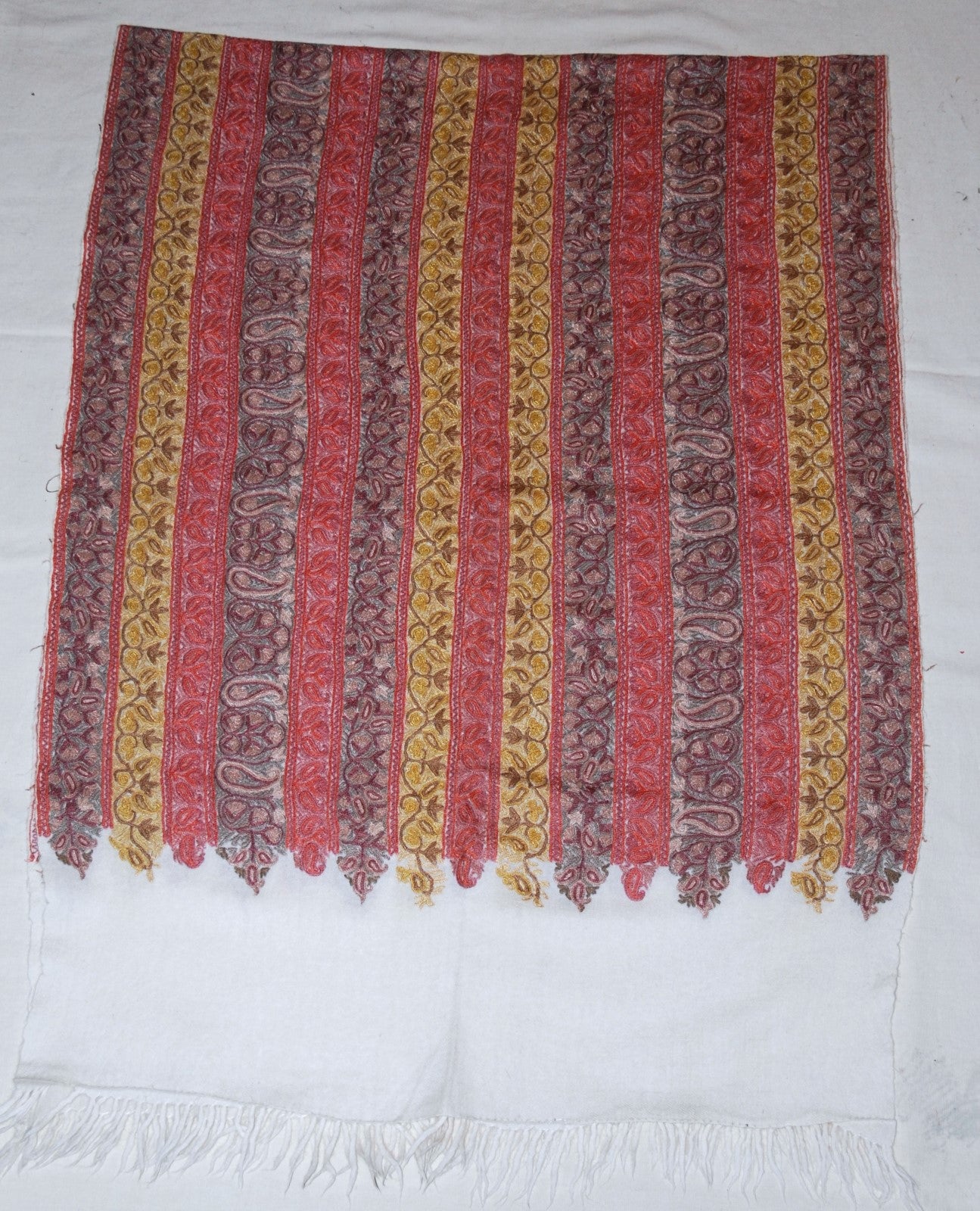 Kashmir Woolen Shawl Wrap Throw Off White, Multicolor "Jamawar" Embroidery #WS-112