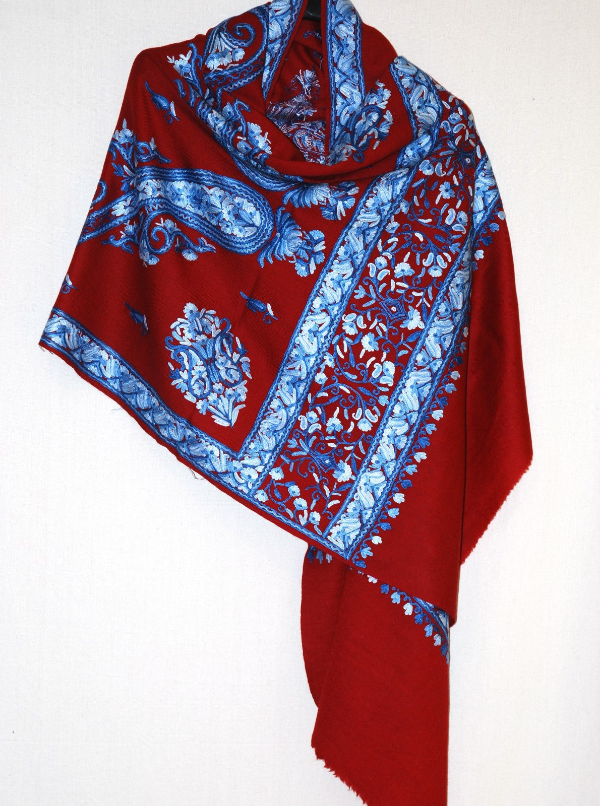 Kashmir Wool Shawl Wrap Throw Maroon, Blue Embroidery #WS-121