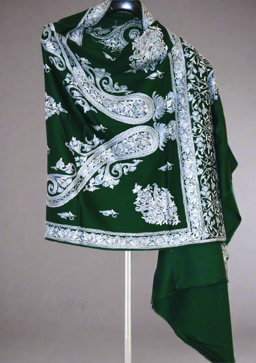 Kashmir Wool Shawl Wrap Throw Green, Grey Embroidery #WS-146