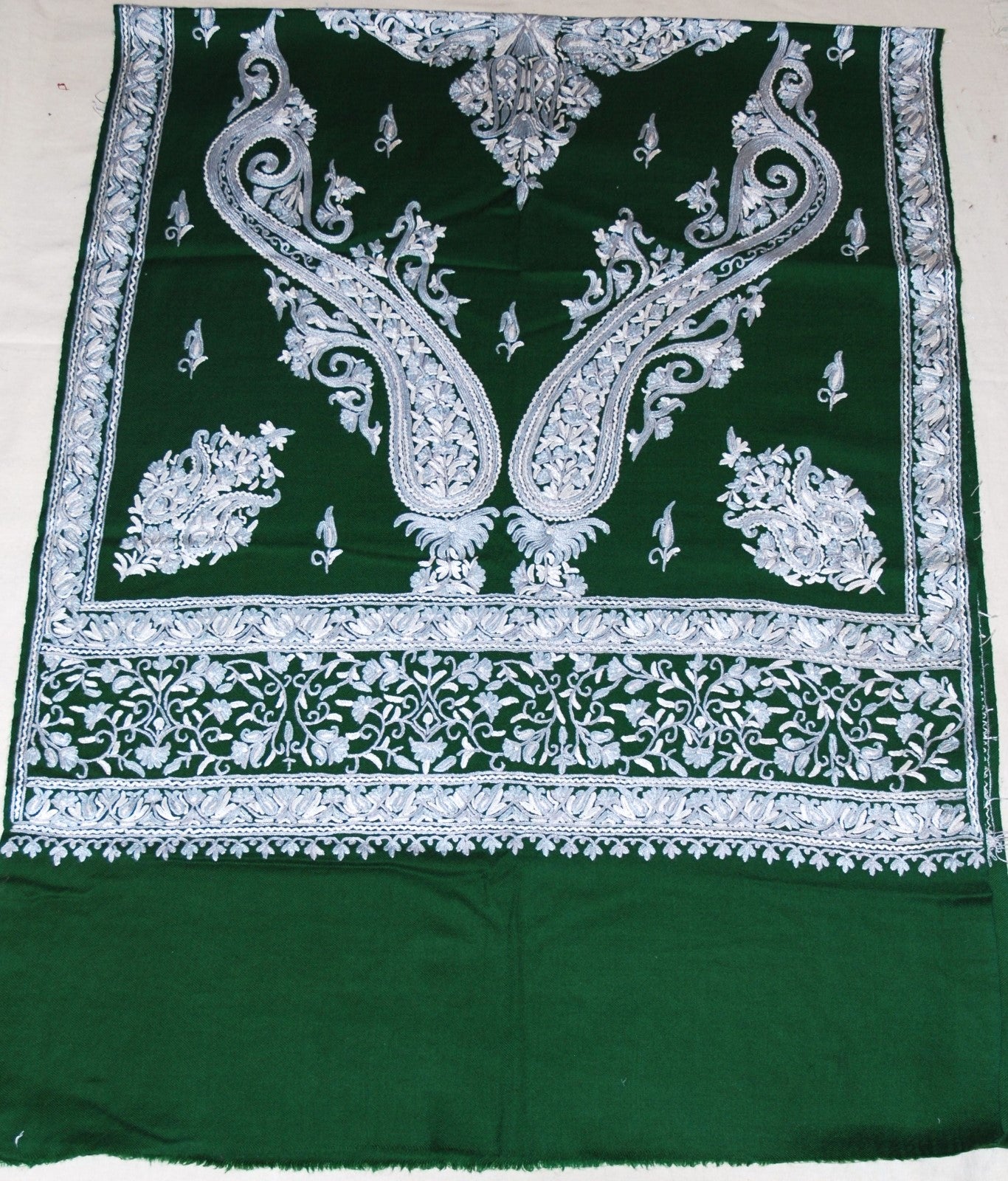 Kashmir Wool Shawl Wrap Throw Green, Grey Embroidery #WS-146