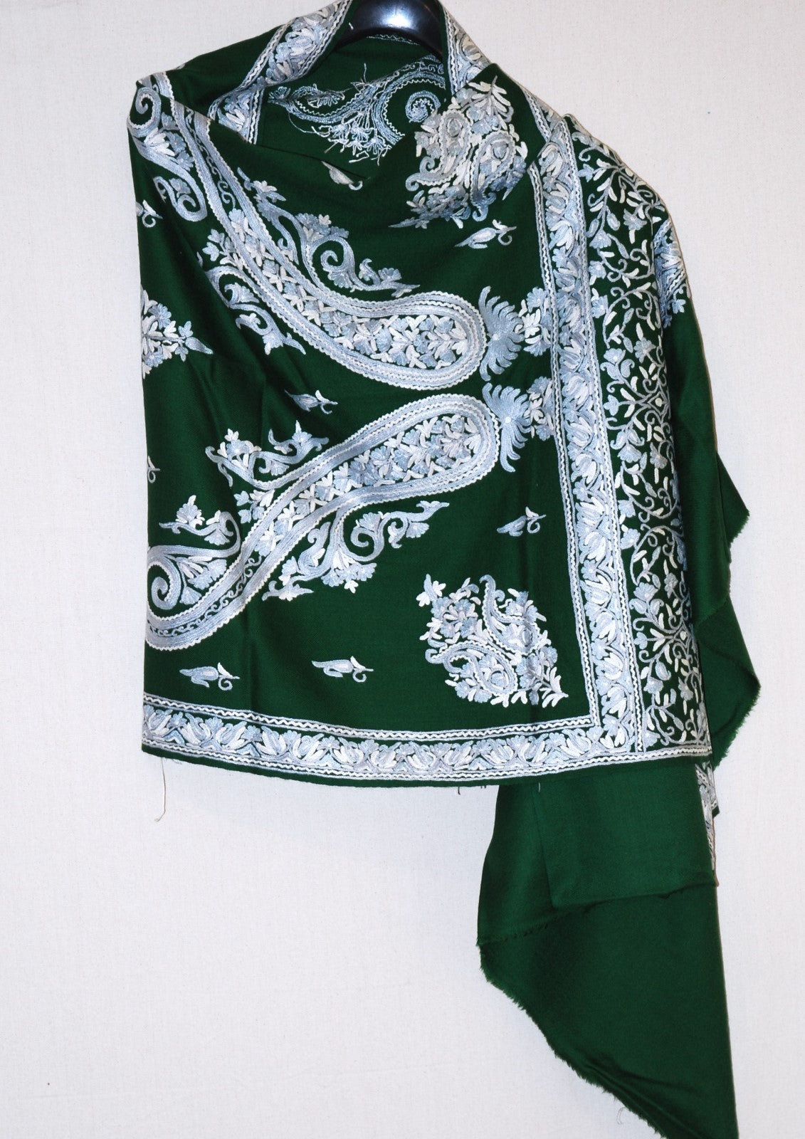 Kashmir Wool Shawl Wrap Throw Green, Grey Embroidery #WS-146