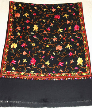 Kashmir Wool Shawl Wrap Throw Black, Multicolor Embroidery #WS-147