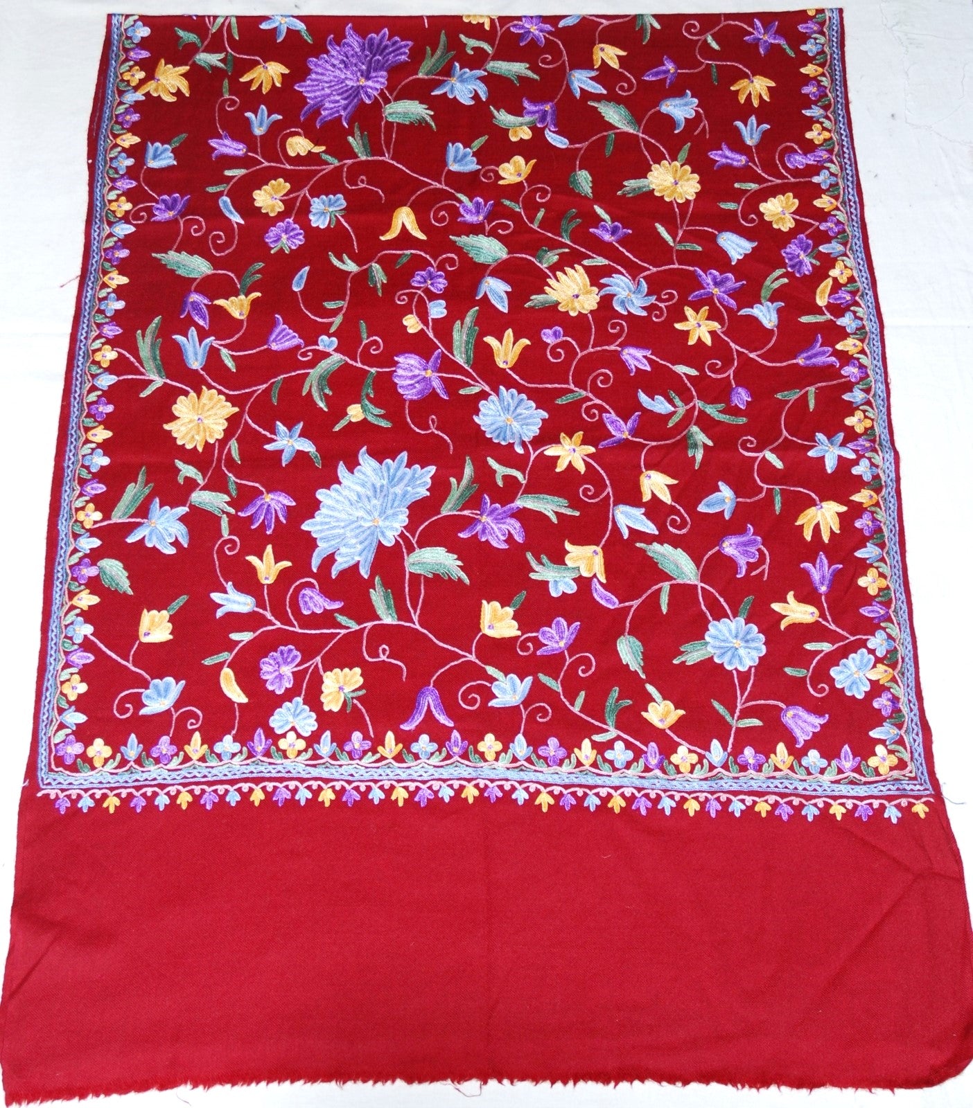 Kashmir Wool Shawl Wrap Throw Maroon, Multicolor Embroidery #WS-148