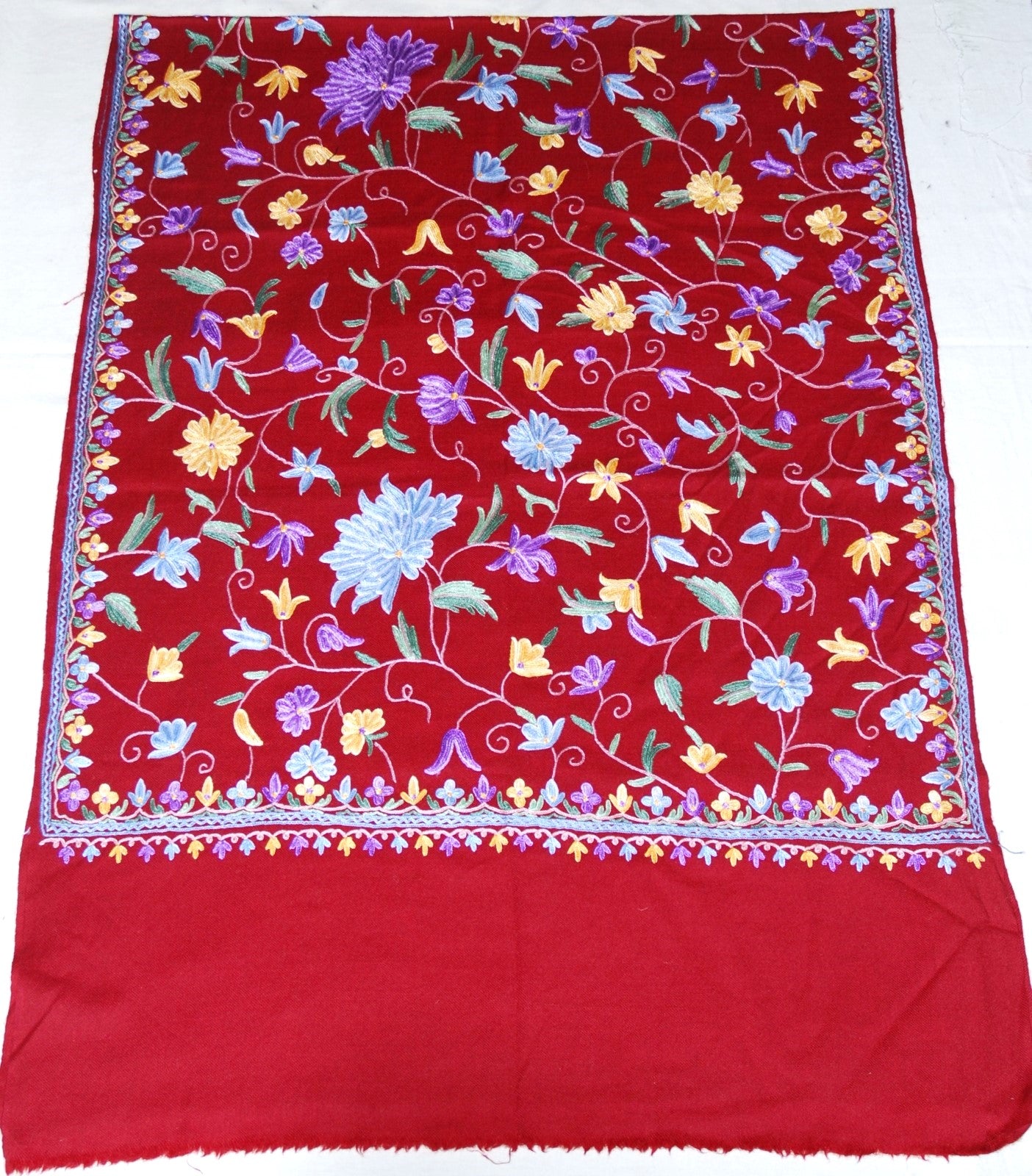 Kashmir Wool Shawl Wrap Throw Maroon, Multicolor Embroidery #WS-148