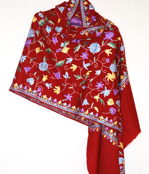 Kashmir Wool Shawl Wrap Throw Maroon, Multicolor Embroidery #WS-148