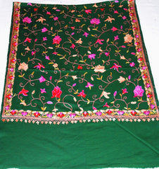 Kashmir Wool Shawl Wrap Throw Green, Multicolor Embroidery #WS-149