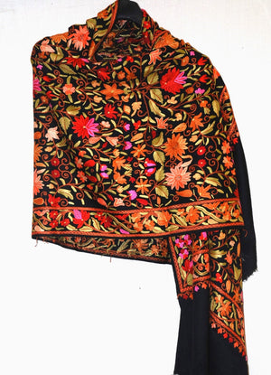 Kashmir Wool Shawl Wrap Throw Black, Multicolor Embroidery #WS-150