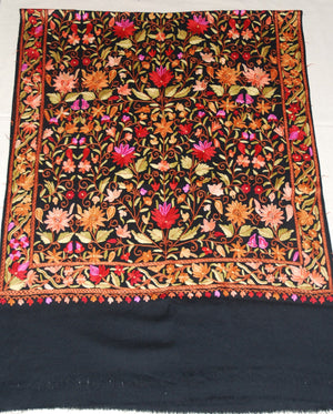 Kashmir Wool Shawl Wrap Throw Black, Multicolor Embroidery #WS-150