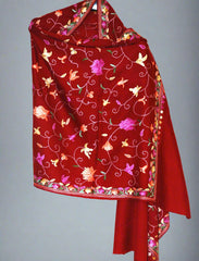 Kashmir Wool Shawl Wrap Throw Maroon, Multicolor Embroidery #WS-152
