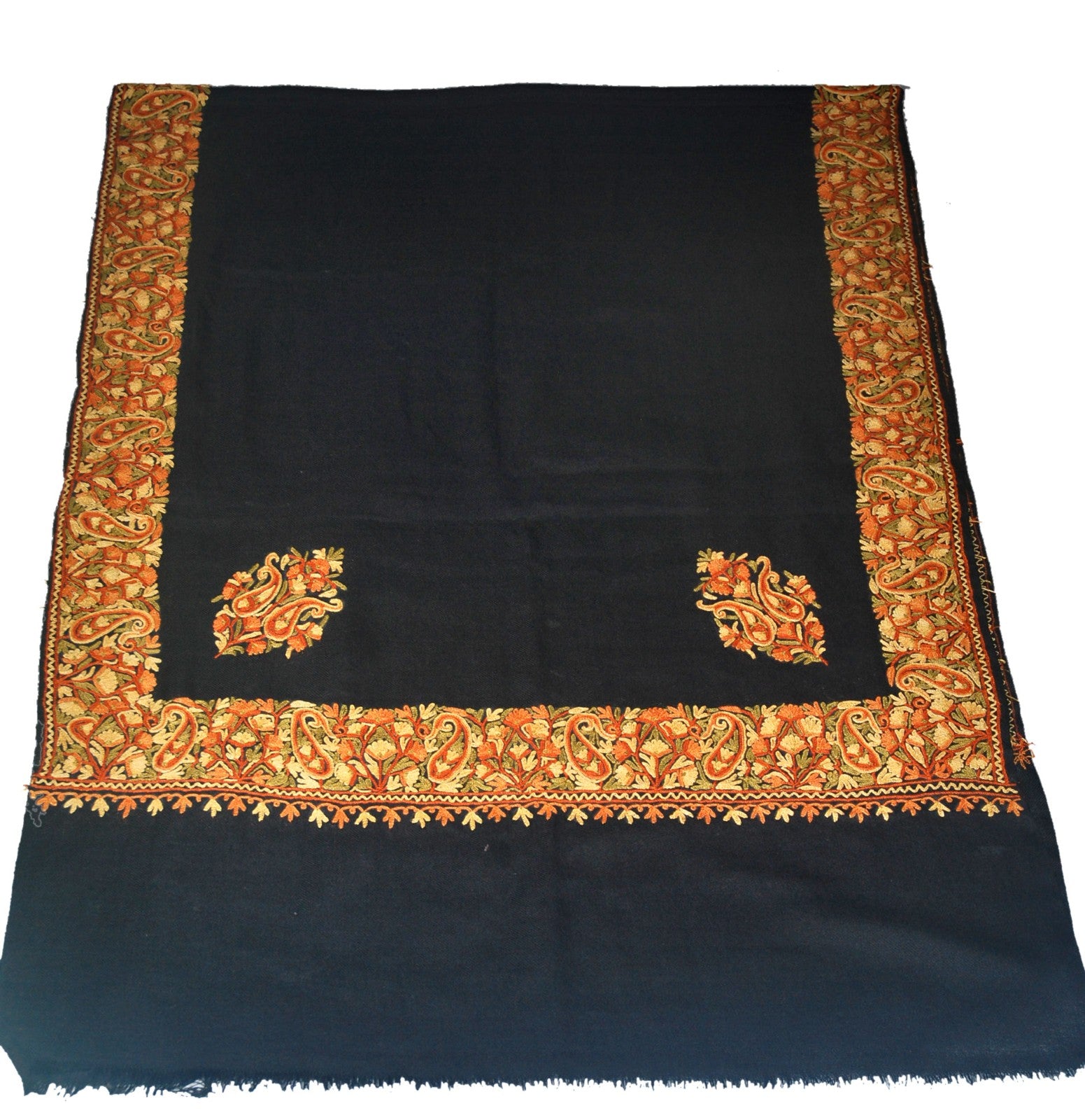 Embroidered Wool Shawl Wrap Throw Black, Multicolor Embroidery #WS-402