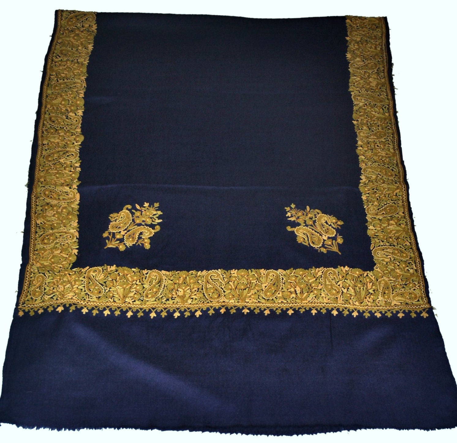 Embroidered Wool Shawl Wrap Throw Navy, Multicolor Embroidery #WS-403