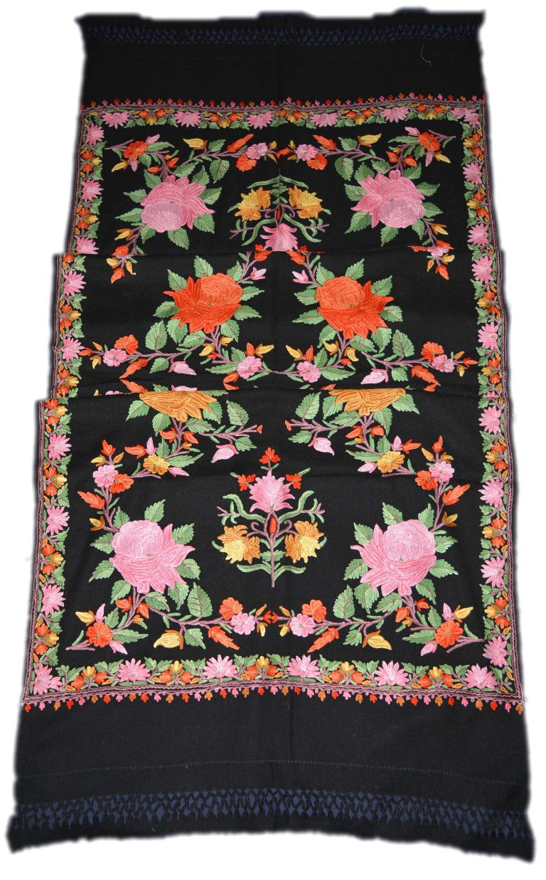 Embroidered Wool Shawl Wrap Throw Black, Multicolor Embroidery #WS-117